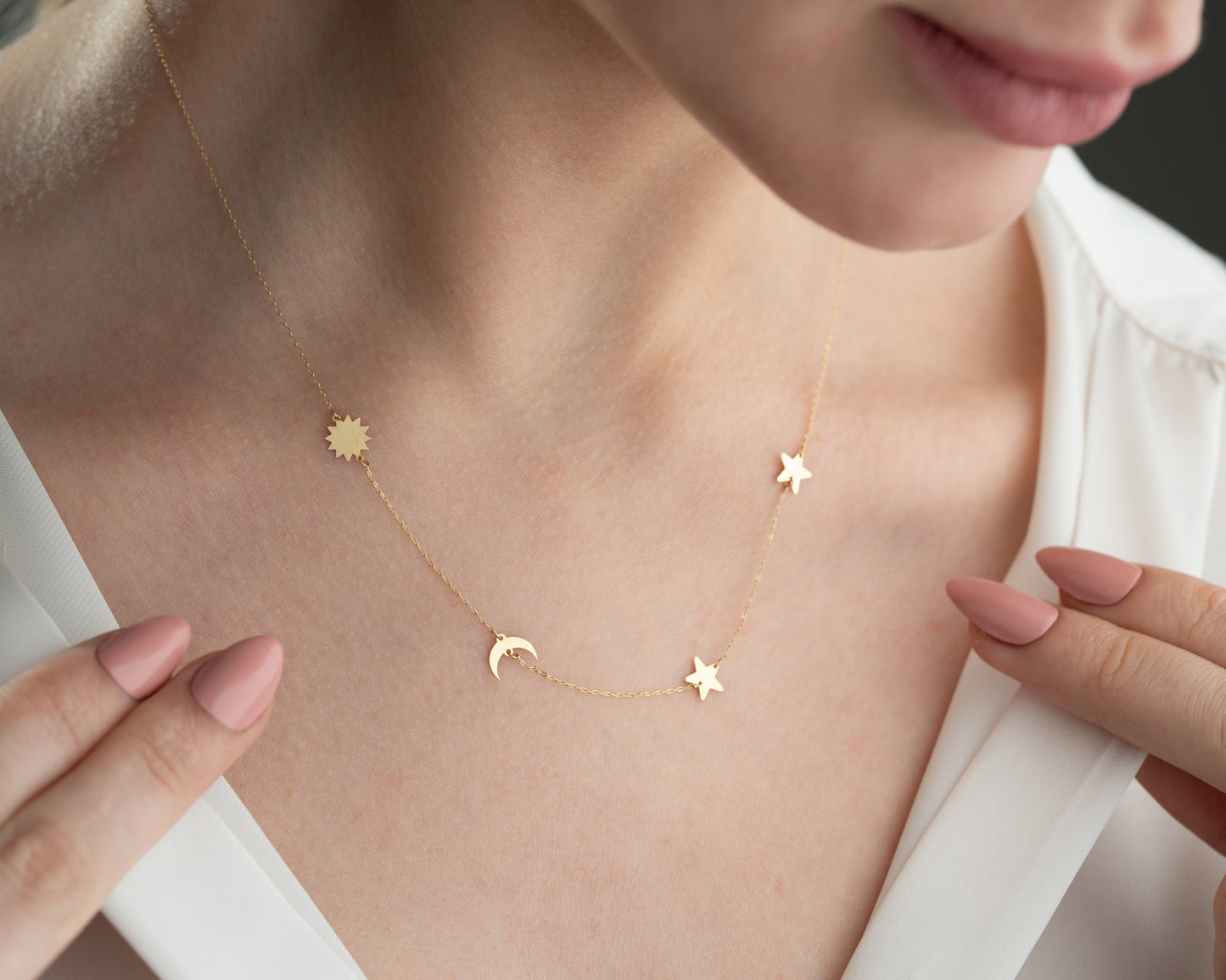 Minimal Kolye Altın Ay yıldız güneş galaxy kolye