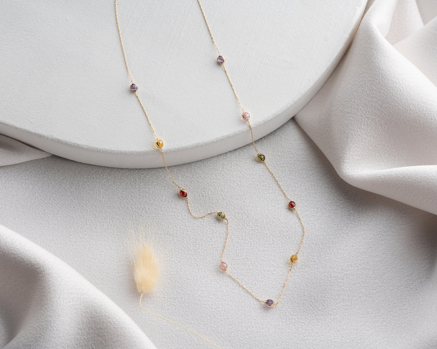 14 Ayar Altın Karışık Taşlı Kolye Amatist, Topaz, Pembe, Peridot ve Garnet Taşlı, 11 Adet 3mm Taş,