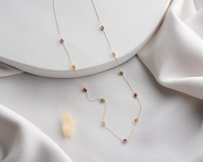14 Ayar Altın Karışık Taşlı Kolye Amatist, Topaz, Pembe, Peridot ve Garnet Taşlı, 11 Adet 3mm Taş,