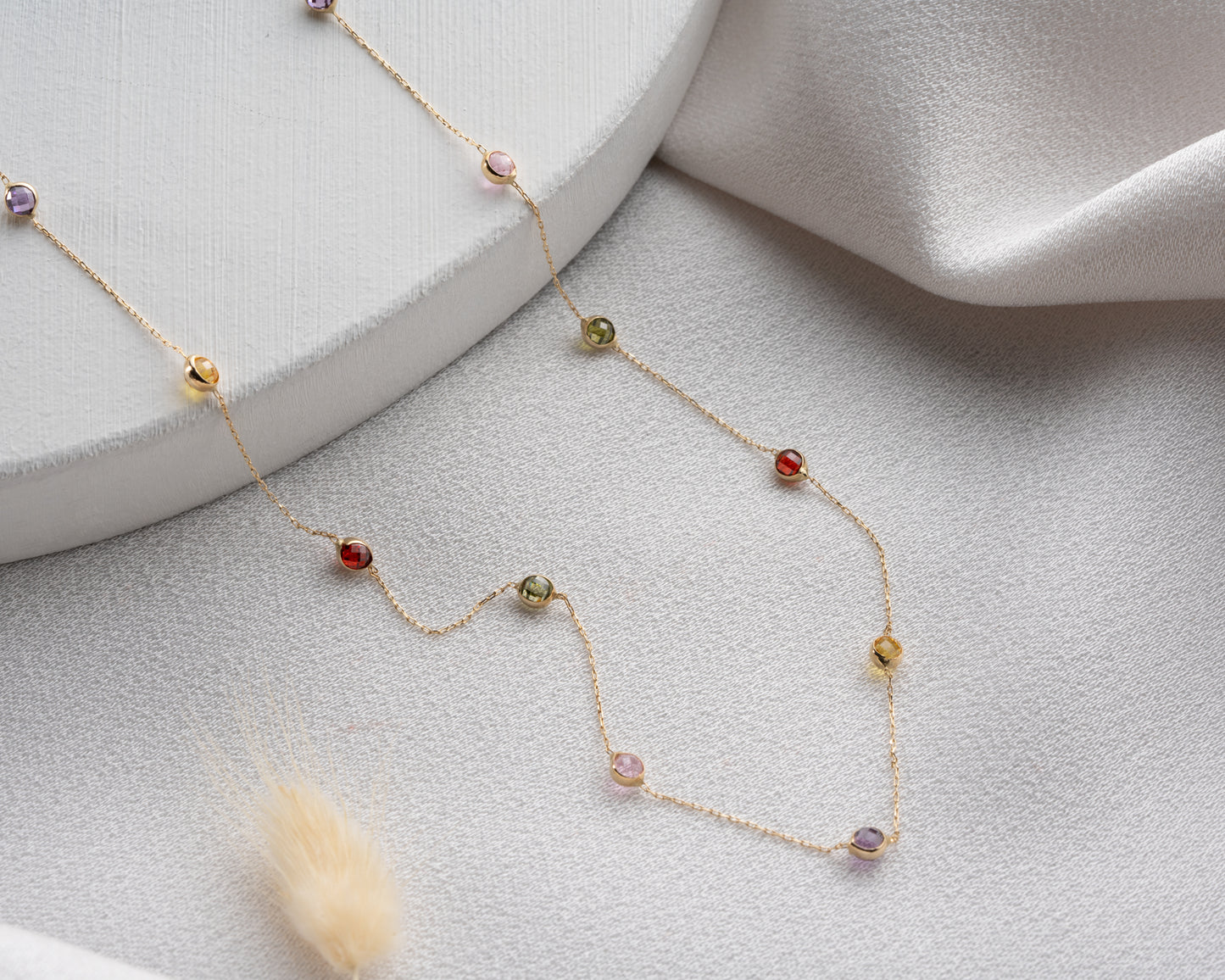 14 Ayar Altın Karışık Taşlı Kolye Amatist, Topaz, Pembe, Peridot ve Garnet Taşlı, 11 Adet 3mm Taş,