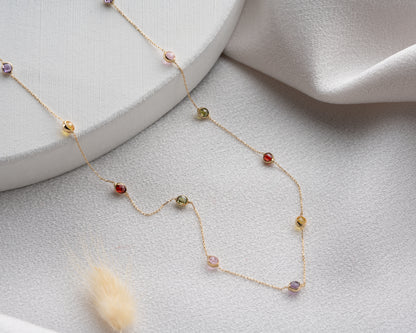 14 Ayar Altın Karışık Taşlı Kolye Amatist, Topaz, Pembe, Peridot ve Garnet Taşlı, 11 Adet 3mm Taş,