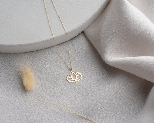 14 Ayar Altın Lotus Çiçeği Kolye Minimalist Hafif Kolye, 1,2 cm Genişlik