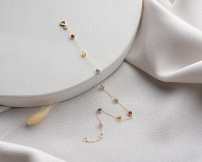 14 Ayar Altın Karışık Taşlı Bileklik Amatist, Topaz, Pembe, Peridot ve Garnet Taşlı, 8 Adet 3mm Taş
