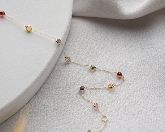 14 Ayar Altın Karışık Taşlı Bileklik Amatist, Topaz, Pembe, Peridot ve Garnet Taşlı, 8 Adet 3mm Taş