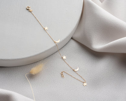 14 Ayar Altın Güneş Ay Yıldız Bileklik – Minimalist Tasarım, Hafif Zincir