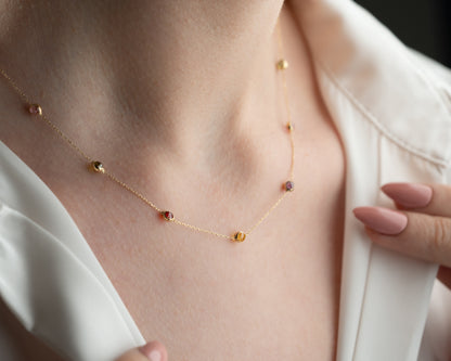 14 Ayar Altın Karışık Taşlı Kolye Amatist, Topaz, Pembe, Peridot ve Garnet Taşlı, 11 Adet 3mm Taş,