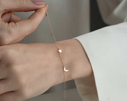 14 Ayar Altın Güneş Ay Yıldız Bileklik – Minimalist Tasarım, Hafif Zincir